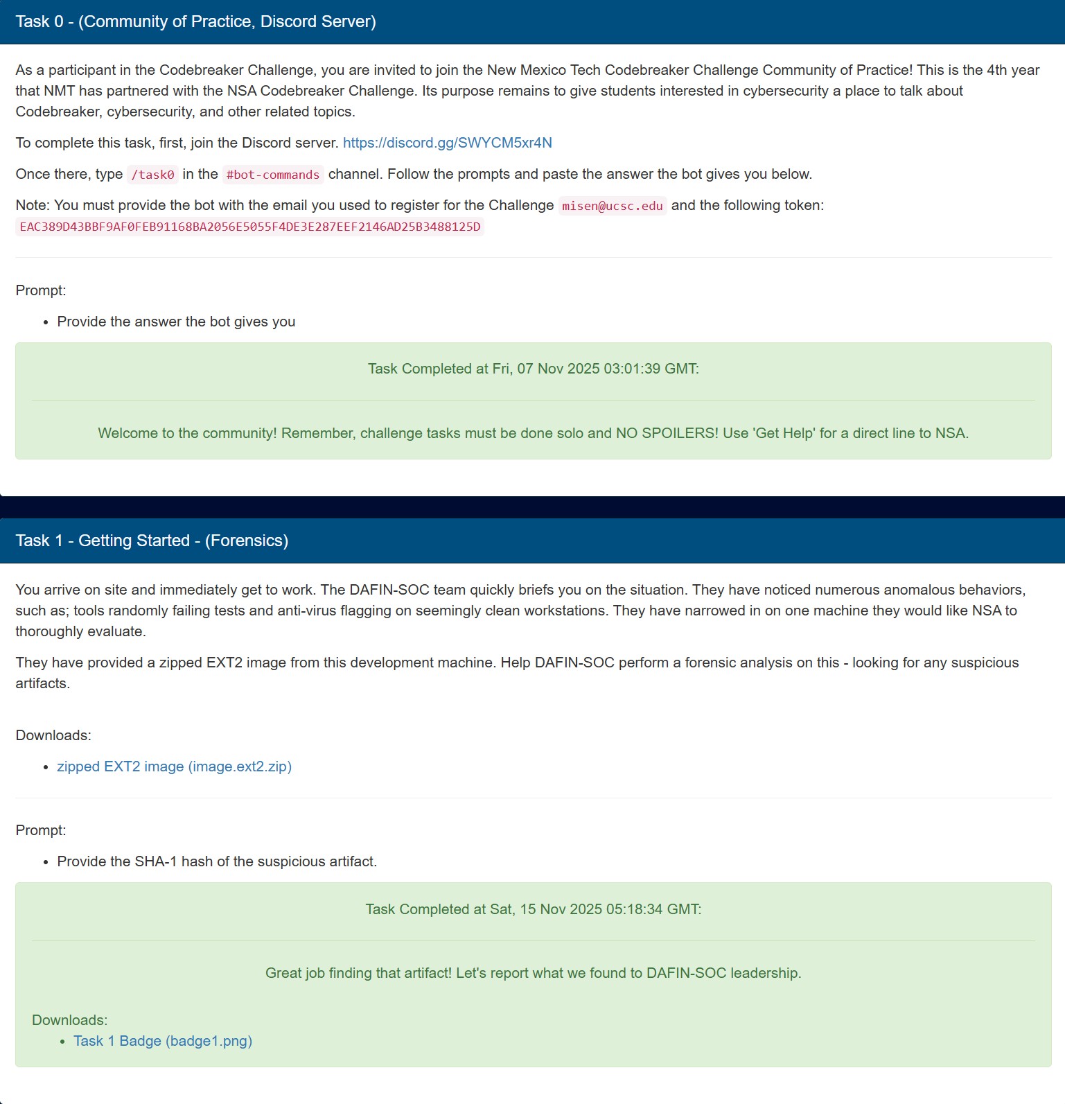 NSA Codebreaker Challenge task completion page
