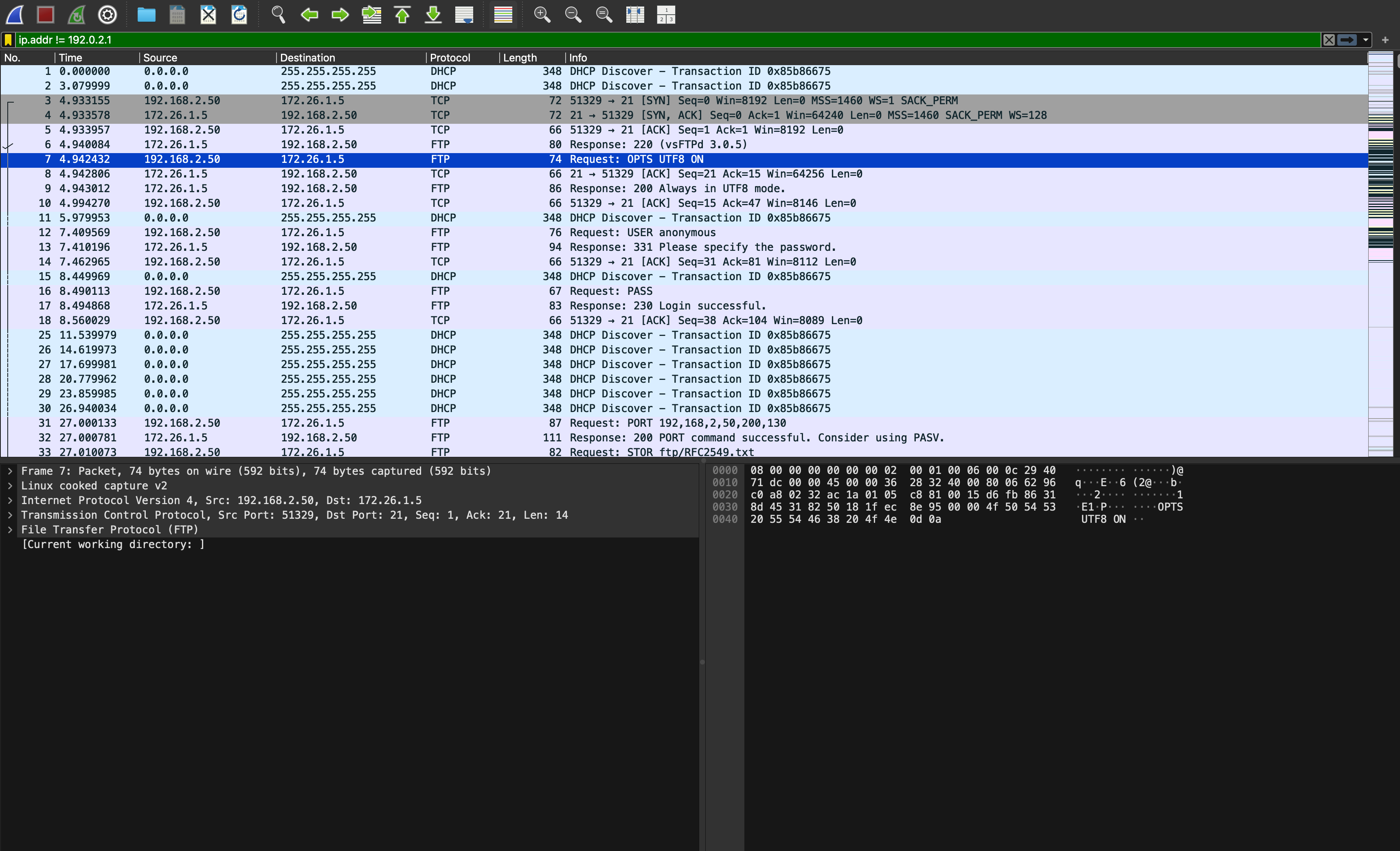 Wireshark displaying FTP packets and protocol details