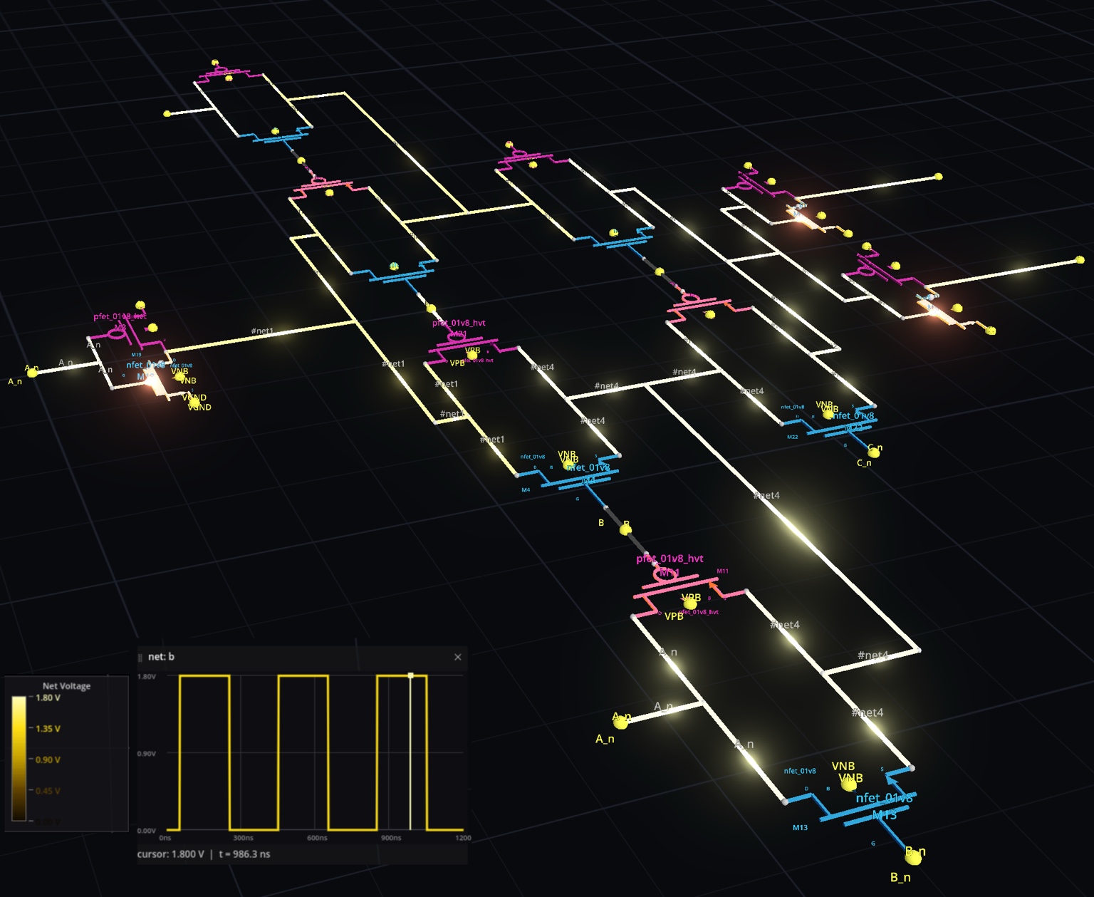 BananaSpice rendering a complex circuit in 3D with illuminated voltage paths and a transient voltage graph