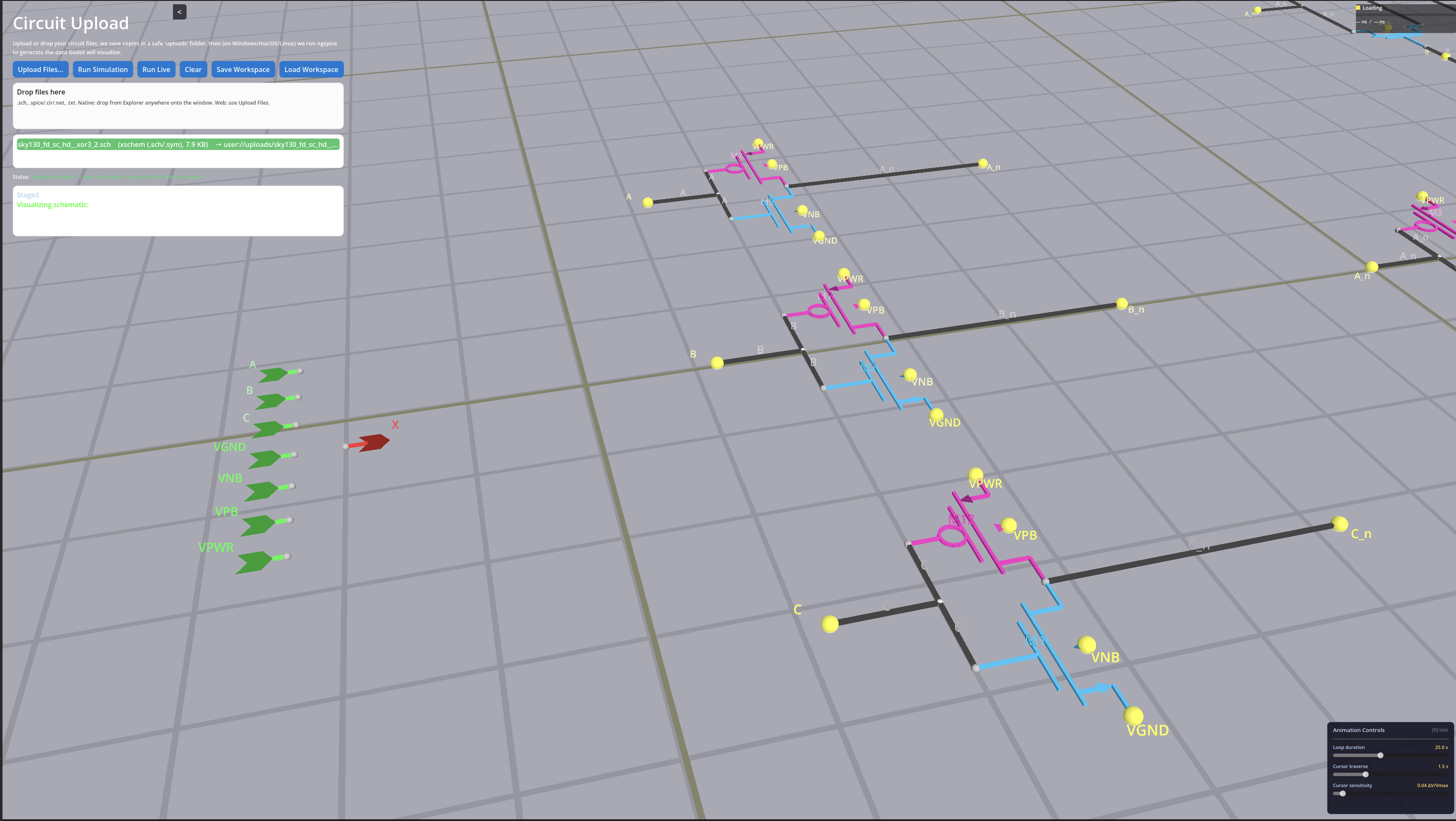 BananaSpice browser interface displaying a 3D transistor circuit with upload and animation controls