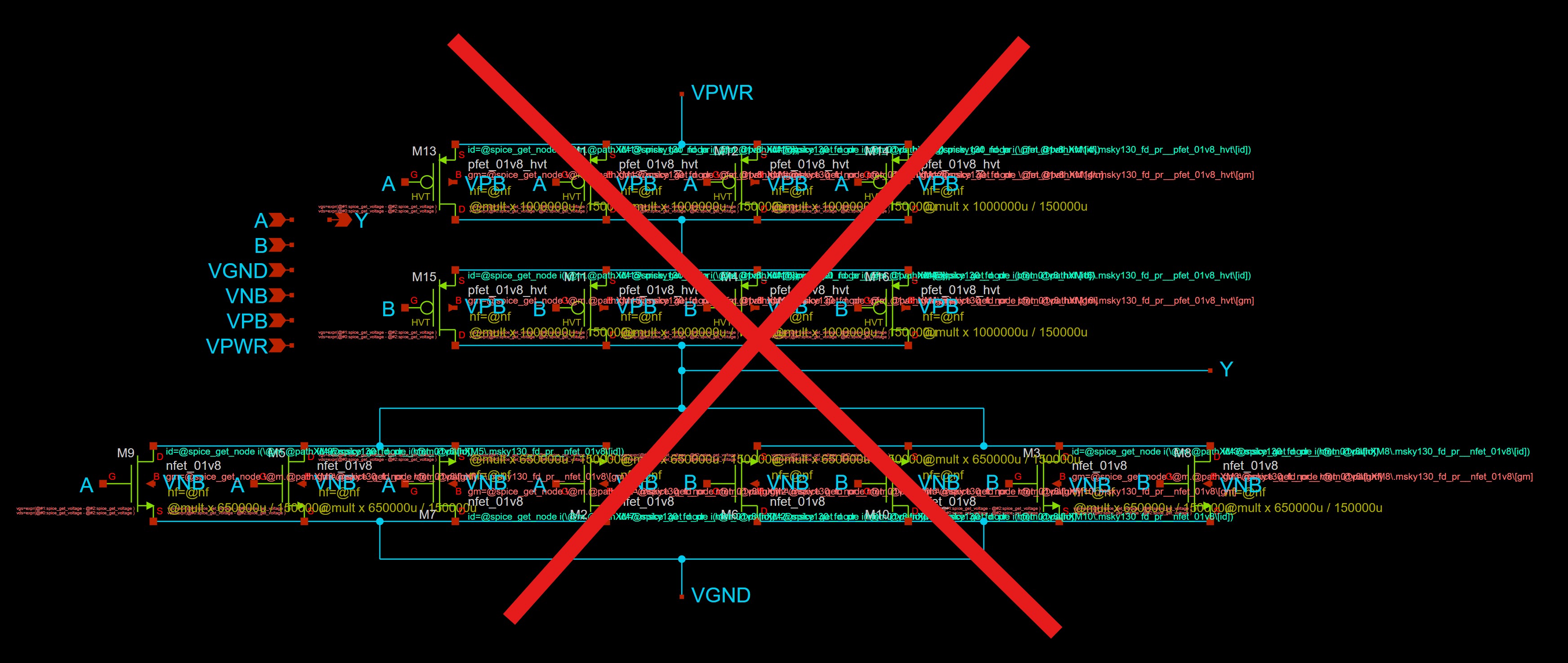 A dense Xschem transistor-level schematic crossed out to represent its difficulty for beginners