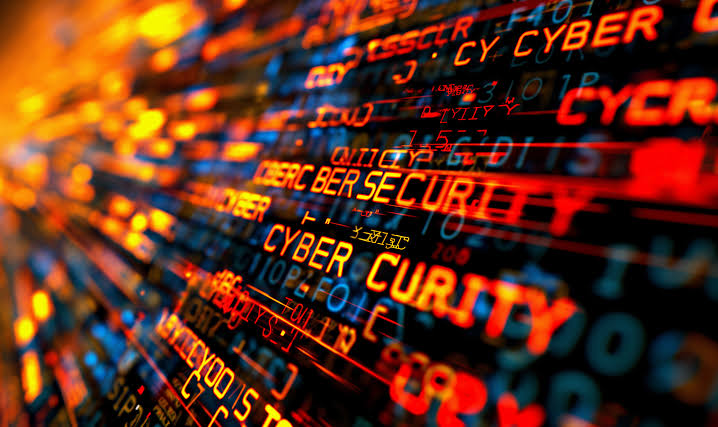 Abstract cybersecurity visualization with glowing security text and code