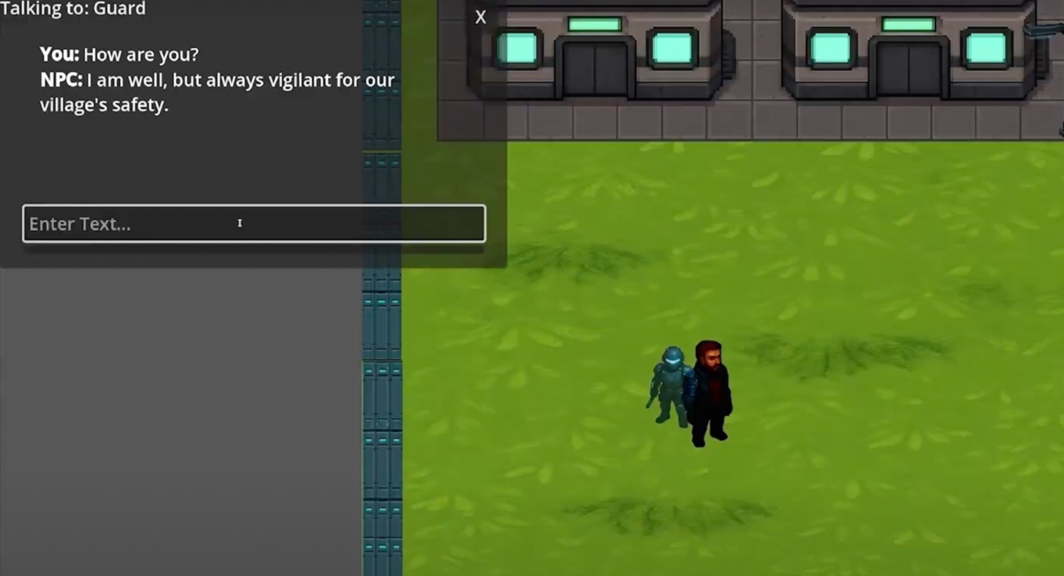 Player asking the Guard how he is, followed by an LLM-generated response consistent with a vigilant guard personality