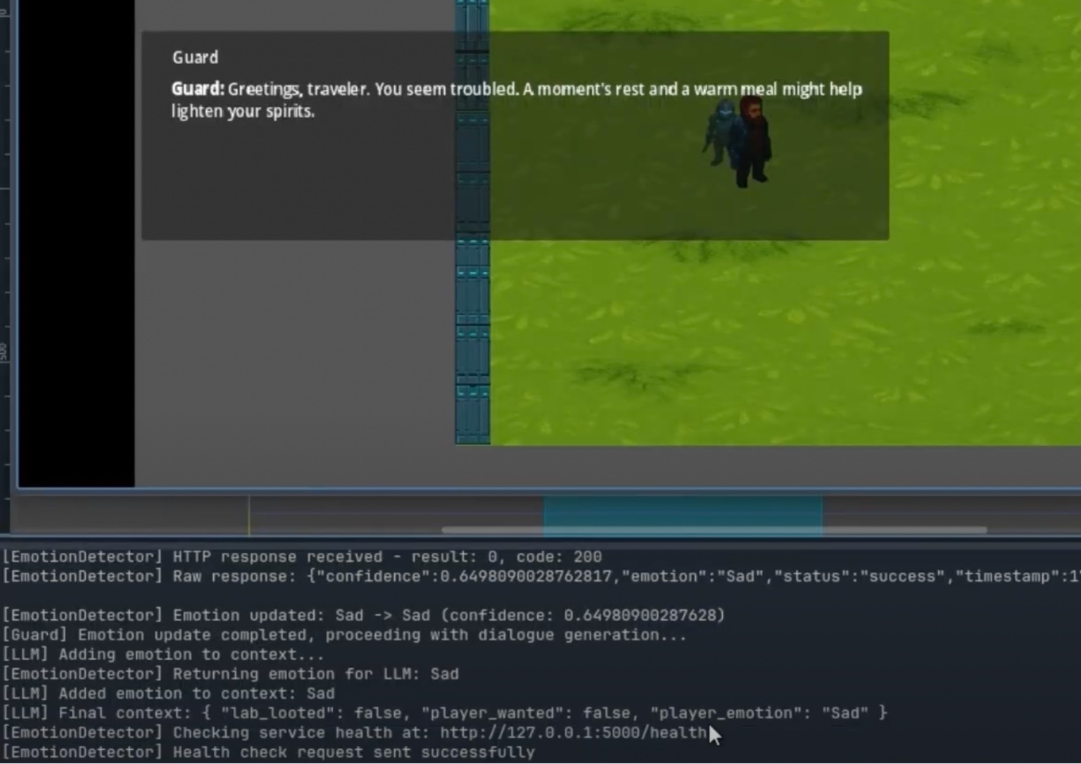 Godot logs showing a detected sad emotion added to the LLM prompt before generating Guard dialogue