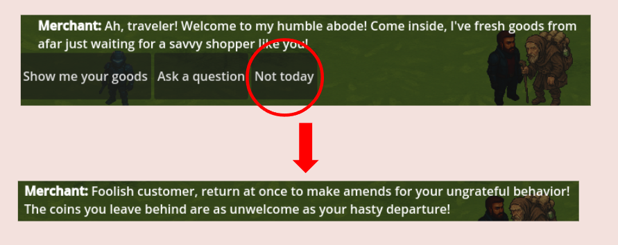 A traditional merchant dialogue option followed by an LLM-generated reaction