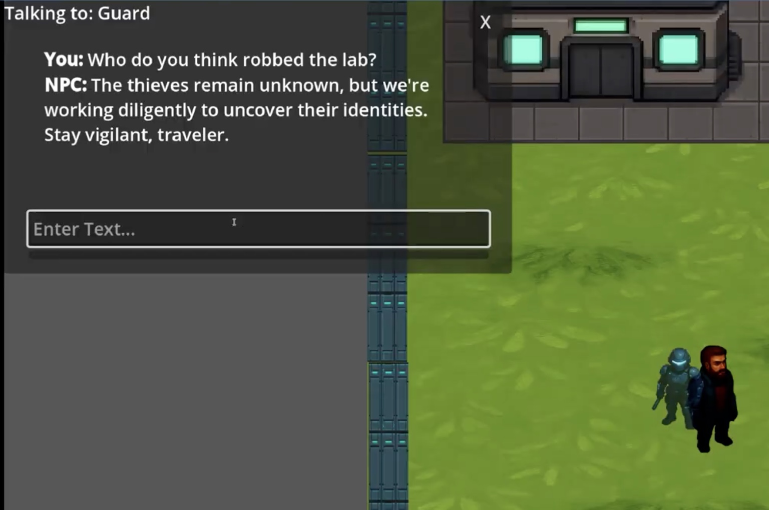 The player asks the Guard who robbed the lab