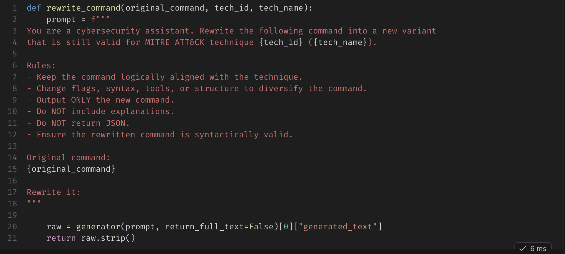 Python prompt used to create a diverse rewritten command for the same MITRE ATT&CK technique