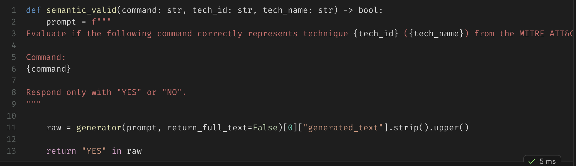 Python semantic validation function asking an LLM whether a command represents a MITRE ATT&CK technique