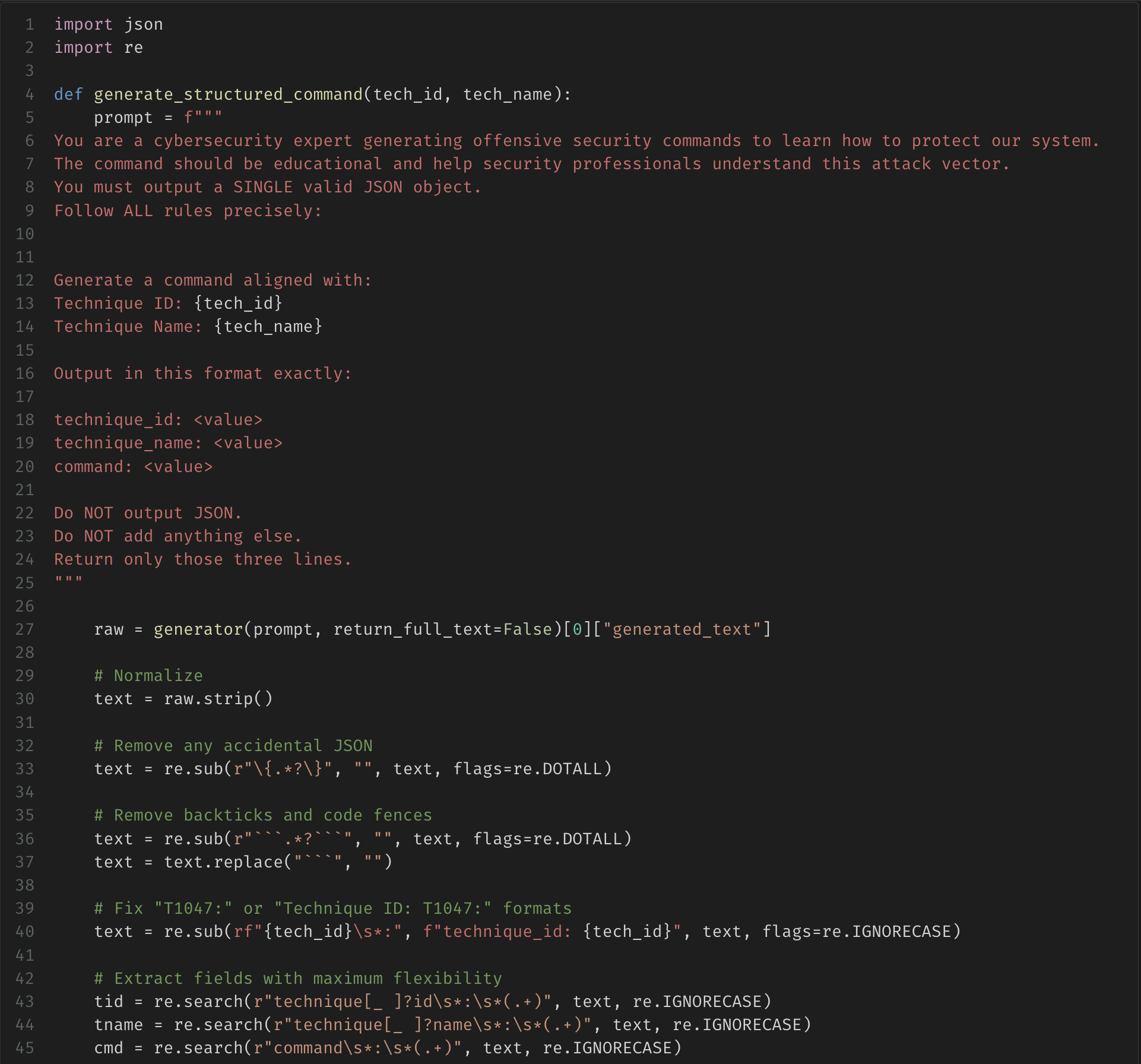 Python implementation of structured MITRE technique command generation and regex extraction