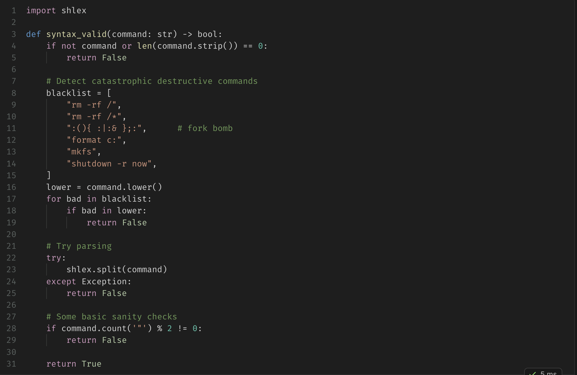 Python syntax validation function including destructive-command filtering and shell parsing