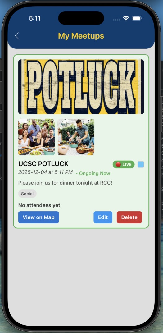 My Meetups screen showing an event currently marked live