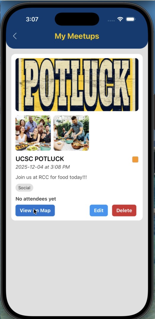 My Meetups screen in the UCSC Meetup application
